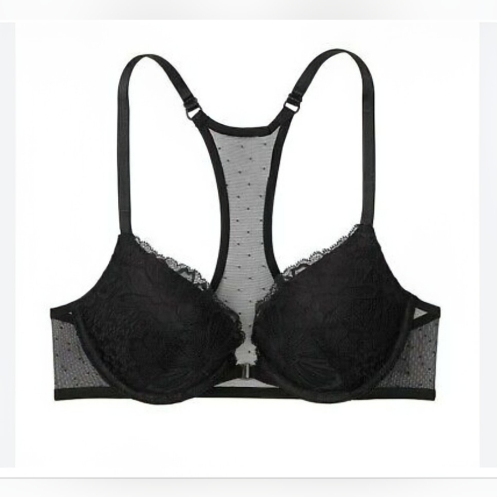 Victoria's Secret NWOT black front close push up bra, 36B, lace detail.